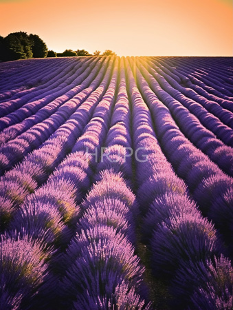 High Resolution: Expansive lavender field at sunset with rows upon rows creating wavy patterns in vibrant purple hues under warm orange yellow sky download. | HRJPG.com