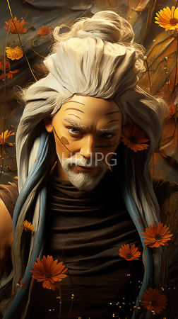 High Resolution: Elderly man long flowing white hair beard adorned in blue streaks wears dark clothing warm brown background orange flowers download. | HRJPG.com