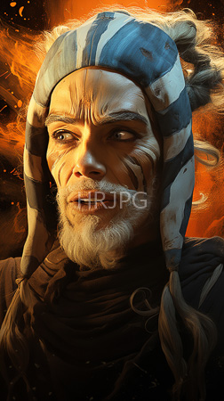 High Resolution: Older bearded man white blue striped headgear resembling Jedi attire face is marked by dark war paint patterns warm orange lighting download. | HRJPG.com