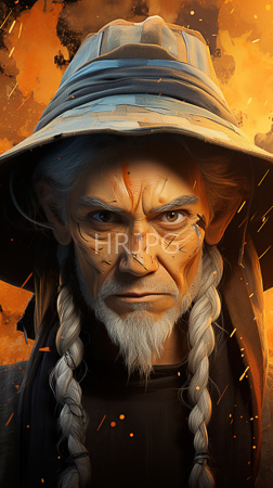 High Resolution: Intense elderly man white braided hair beard wearing a large straw hat against fiery orange background weathered face has scars download. | HRJPG.com
