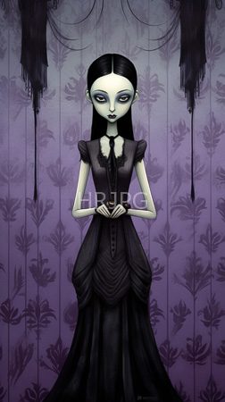 High Resolution: Eerie pale-skinned woman black hair dark eyes wearing a Victorian-style long-sleeved black dress adorned with lace purple wallpaper download. | HRJPG.com