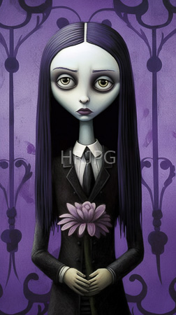 High Resolution: Androgynous pale-skinned character long black hair parted in the middle purple background adorned by dark floral patterns formal attire download. | HRJPG.com