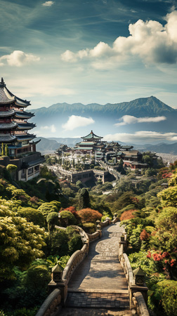 High Resolution: Ancient East Asian palace complex lush green hillside multiple tiered buildings traditional Chinese architecture curved roofs soft sunlight download. | HRJPG.com