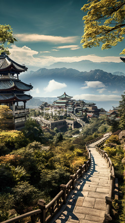 High Resolution: Idyllic traditional Japanese village curved-roof buildings nestled on lush green hillsides overlooking a serene lake misty mountains download. | HRJPG.com