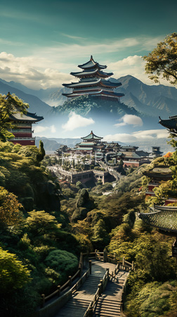High Resolution: Ethereal mist-covered traditional Chinese mountain village tiered pagodas with curved roofs intricate red-and-white detailing amidst lush greenery download. | HRJPG.com