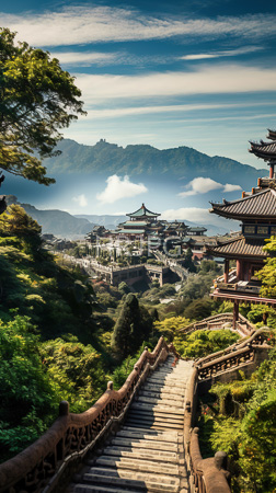High Resolution: Ancient Chinese mountain village traditional pagodas with curved roofs wooden staircases winding through lush greenery tiered buildings nestled among mist download. | HRJPG.com