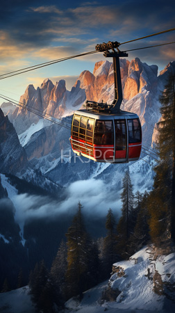 High Resolution: Red black cable car suspended mid-air over snow-covered mountains rugged peaks bathed in golden sunlight orange-blue sky download. | HRJPG.com