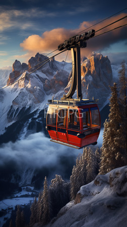 High Resolution: Orange blue gondola lift suspended mid-air over snow-covered mountains at sunset rugged peaks bathed in warm light evergreen trees frost download. | HRJPG.com