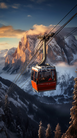 High Resolution: Orange black cable car suspended mid-air over snow-covered mountains rugged peaks bathed in golden sunlight partly cloudy skies download. | HRJPG.com