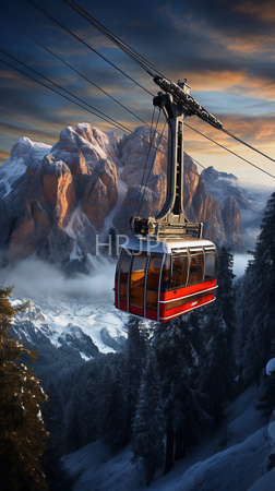 High Resolution: Orange red cable car suspended mid-air against towering snow-capped mountains at sunset dark pine trees mist rising from valleys download. | HRJPG.com