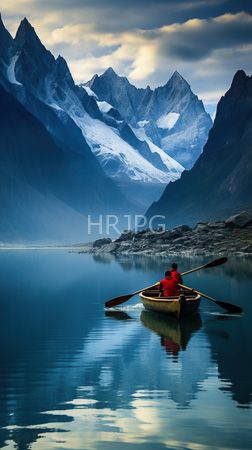 High Resolution: Individual in red clothing paddling alone on calm reflective lake water towards towering snow-capped mountains rocky shoreline download. | HRJPG.com