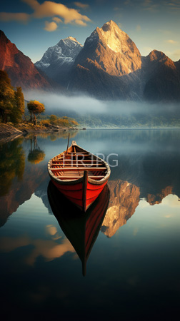 High Resolution: Serene lake at sunrise featuring red wooden rowboat centered in calm water perfect reflection misty mountains snow-capped peak download. | HRJPG.com
