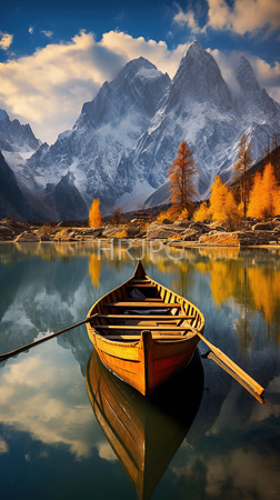 High Resolution: Empty wooden rowboat with reflections on calm lake water surrounded by autumnal trees in vibrant orange hues majestic snow-capped mountains download. | HRJPG.com
