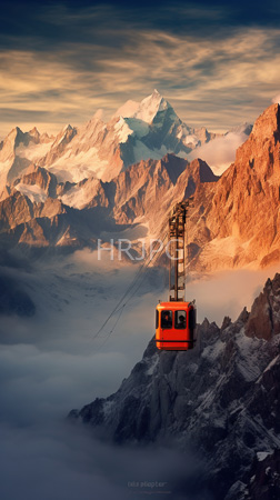 High Resolution: Orange mountain cable car suspended on rugged snow-covered peaks at sunrise or sunset majestic glaciers jagged mountains soft golden light download. | HRJPG.com
