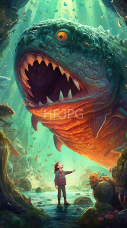 High Resolution: Fantasy enormous green-scaled fish sharp teeth looming above a young boy plaid shirt brown pants standing on rocky terrain download. | HRJPG.com
