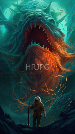 High Resolution: Fantasy enormous terrifying dragon glowing orange teal scales looming above a small human warrior standing at its base holding a staff download. | HRJPG.com