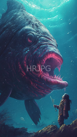 High Resolution: Enormous menacing shark vivid pink gums sharp teeth looming above in deep blue ocean water lone figure stands on rocky terrain download. | HRJPG.com