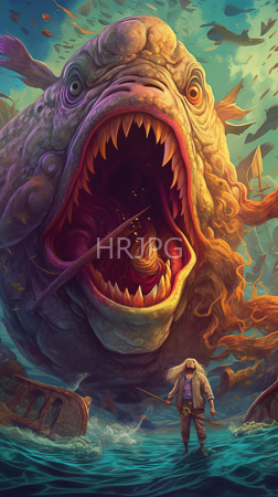 High Resolution: Fantasy enormous grotesque sea monster wrinkled skin sharp teeth opening its mouth wide to reveal fiery depths turbulent water download. | HRJPG.com
