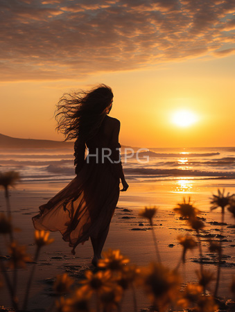 High Resolution: Silhouetted woman with long flowing hair walking on beach at sunset wears translucent dress that billows in wind golden flowers download. | HRJPG.com