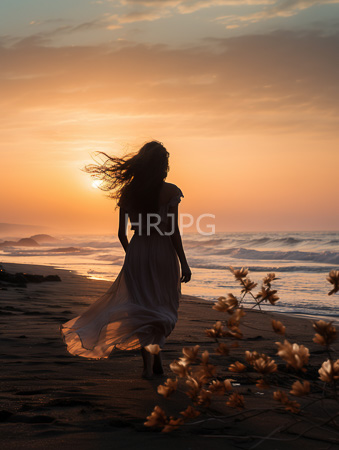 High Resolution: Silhouetted woman with long flowing hair standing on an empty beach at sunset wears a light-colored dress that billows in wind download. | HRJPG.com