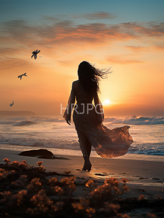 High Resolution: Silhouetted woman with long flowing hair walking on an orange- pink-hued sunset beach wears a sheer dress that billows in her wake download. | HRJPG.com