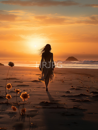 High Resolution: Silhouetted woman with long hair in flowing dress walking on golden-orange sandy beach at sunset scattered dune flowers download. | HRJPG.com
