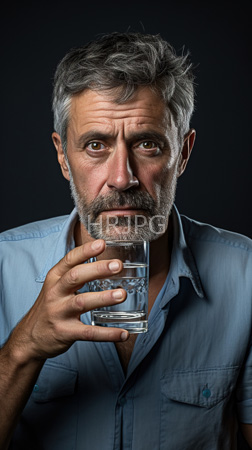 High Resolution: Older Caucasian man gray hair and beard wearing a light blue button-up shirt holds up a clear glass filled halfway with water download. | HRJPG.com