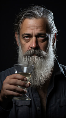 High Resolution: Older Caucasian man gray hair and beard wearing dark button-up shirt holds up clear glass filled halfway with light-colored liquid download. | HRJPG.com