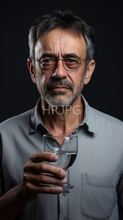 High Resolution: Older Asian man short gray hair beard stubble and glasses holding half-full wine glass against dark background download. | HRJPG.com