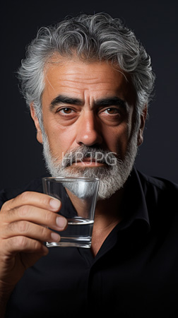 High Resolution: Older man curly gray hair and beard wearing black shirt holds clear glass in right hand close to his face download. | HRJPG.com