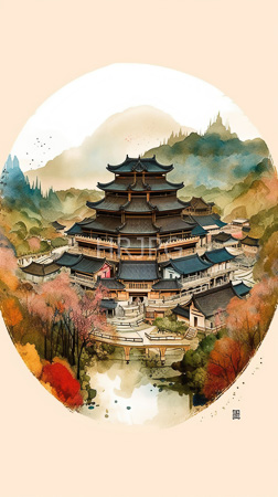 High Resolution: Intricate watercolor painting traditional Japanese architecture multi-tiered pagoda-style building dark blue tiled roofs autumnal foliage download. | HRJPG.com