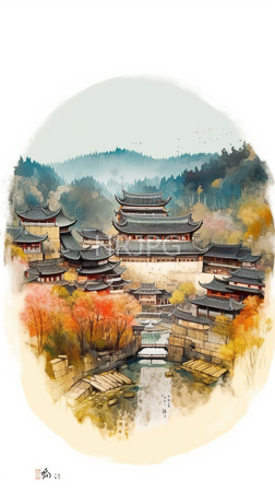 High Resolution: Elegant watercolor painting traditional East Asian architecture multiple tiered-roof buildings dark gray tiles red accents ascending order download. | HRJPG.com