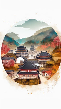 High Resolution: Elegant circular watercolor painting traditional Japanese architecture in autumn hues multiple tiered-roof buildings dark blue tiles wooden frames download. | HRJPG.com
