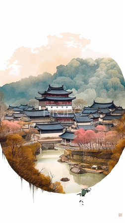 High Resolution: Intricate watercolor painting traditional Korean architecture multiple tiered-roof buildings dark blue red accents lush green mountains download. | HRJPG.com