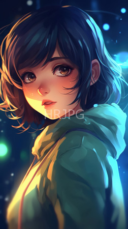 High Resolution: Anime-style drawing attractive young woman short dark blue hair large brown eyes looking over her shoulder green hooded jacket download. | HRJPG.com