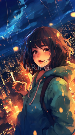 High Resolution: Anime-style illustration attractive young woman shoulder-length brown hair wearing a teal hoodie black backpack vibrant cityscape at night download. | HRJPG.com