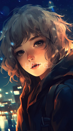High Resolution: Anime-style young girl wavy light brown hair and freckles gazing pensively into space at night dark clothing blurred city lights download. | HRJPG.com