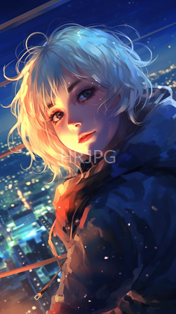 High Resolution: Anime-style drawing attractive young woman short wavy white hair large brown eyes looking over her shoulder at night cityscape download. | HRJPG.com