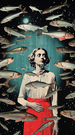 High Resolution: Ethereal pale-skinned woman short brown hair wearing white blouse red skirt amidst swirling silver fish dark background moonlight download. | HRJPG.com