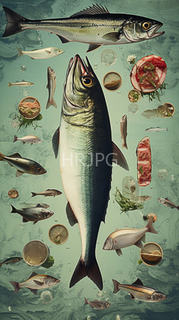 High Resolution: Underwater scene with various fish species and food items floating in clear water large silver-gray striped bass download. | HRJPG.com