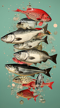 High Resolution: Seven colorful fish including red and silver species with black spots on an aqua background filled with bubbles download. | HRJPG.com