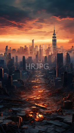 High Resolution: Apocalyptic New York City at sunset darkened skyscrapers debris-filled streets illuminated by orange-red light from cracks in the ground download. | HRJPG.com