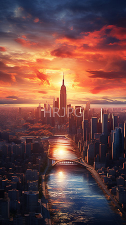High Resolution: New York City at sunset vibrant orange red clouds expansive sky towering skyscrapers sunlight reflecting off Hudson River download. | HRJPG.com