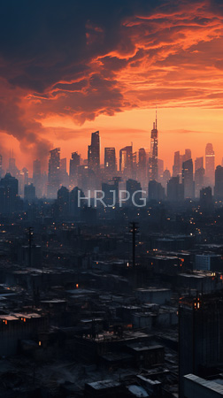 High Resolution: Urban cityscape at sunset silhouetted skyscrapers with illuminated windows against dramatic orange red clouds in the sky download. | HRJPG.com