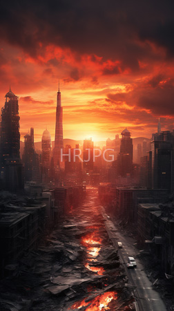 High Resolution: Apocalyptic cityscape at sunset darkened skyscrapers and ruins in foreground reflecting red-orange light from sky filled with dramatic clouds download. | HRJPG.com