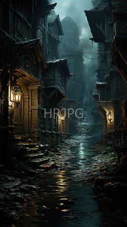 High Resolution: Dark atmospheric eerie alleyway foggy mist rain-soaked cobblestones reflecting light from vintage lanterns wooden buildings Gothic architecture download. | HRJPG.com