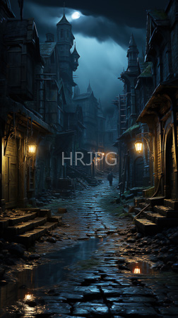 High Resolution: Eerie foggy medieval village at night cobblestone streets reflecting moonlight lanterns' glow narrow pathways tall Gothic-style buildings download. | HRJPG.com