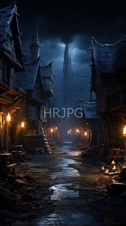 High Resolution: Dark atmospheric eerie medieval village at night cobblestone streets reflecting warm street lamps' glow wooden houses on stilts download. | HRJPG.com