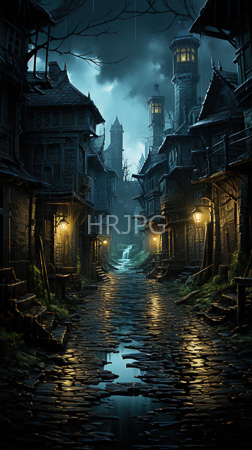 High Resolution: Fantasy eerie rain-soaked village at night cobblestone streets reflecting warm lantern light from wooden houses towering castle-like structures download. | HRJPG.com