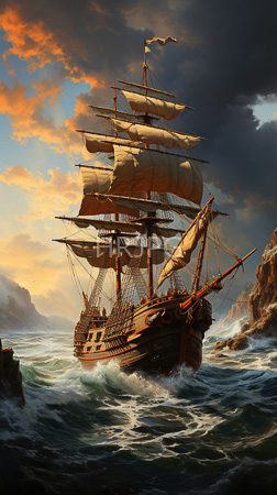 High Resolution: Ornate wooden sailing ship multiple masts billowing white sails navigating turbulent waves at sunset dramatic clouds rocky coastline download. | HRJPG.com